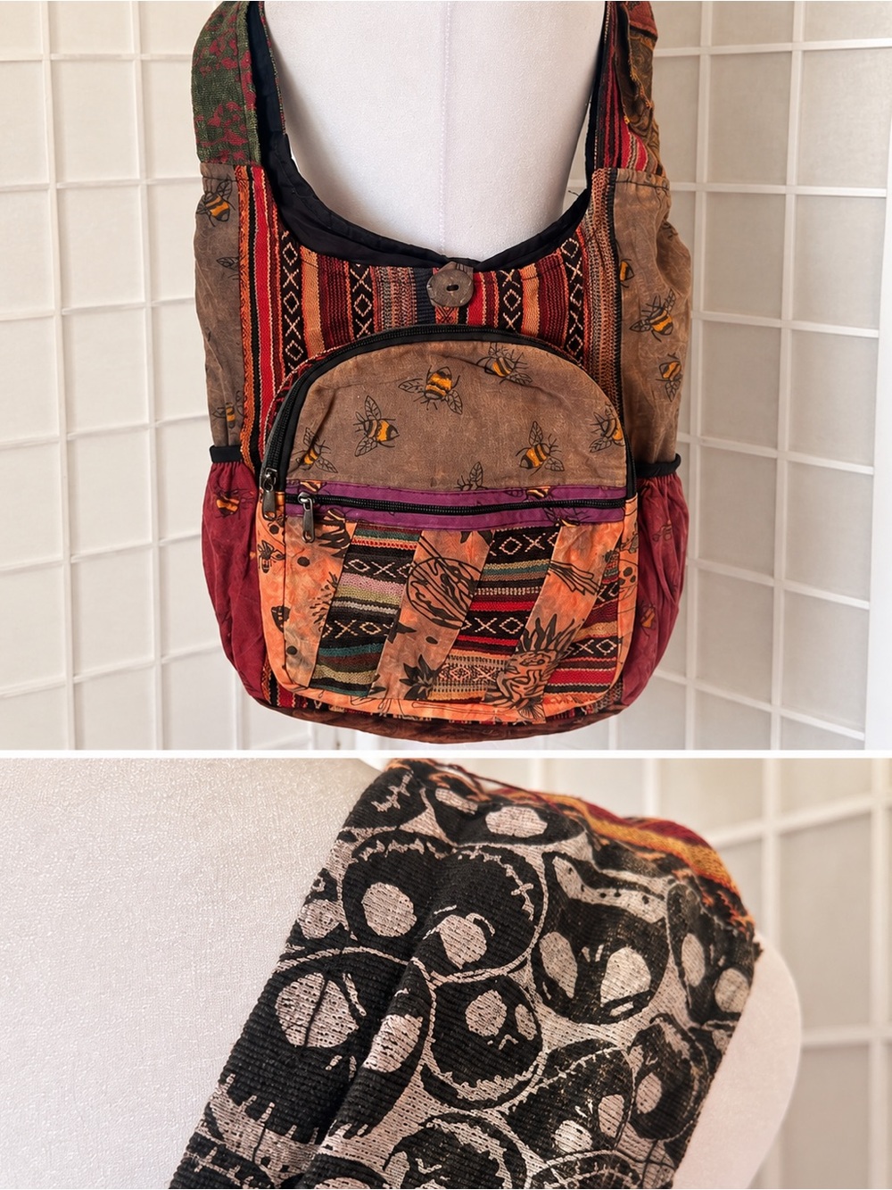NWT Skeleton Face Boho Patchwork Hobo Shoulder Bag Goth Festival